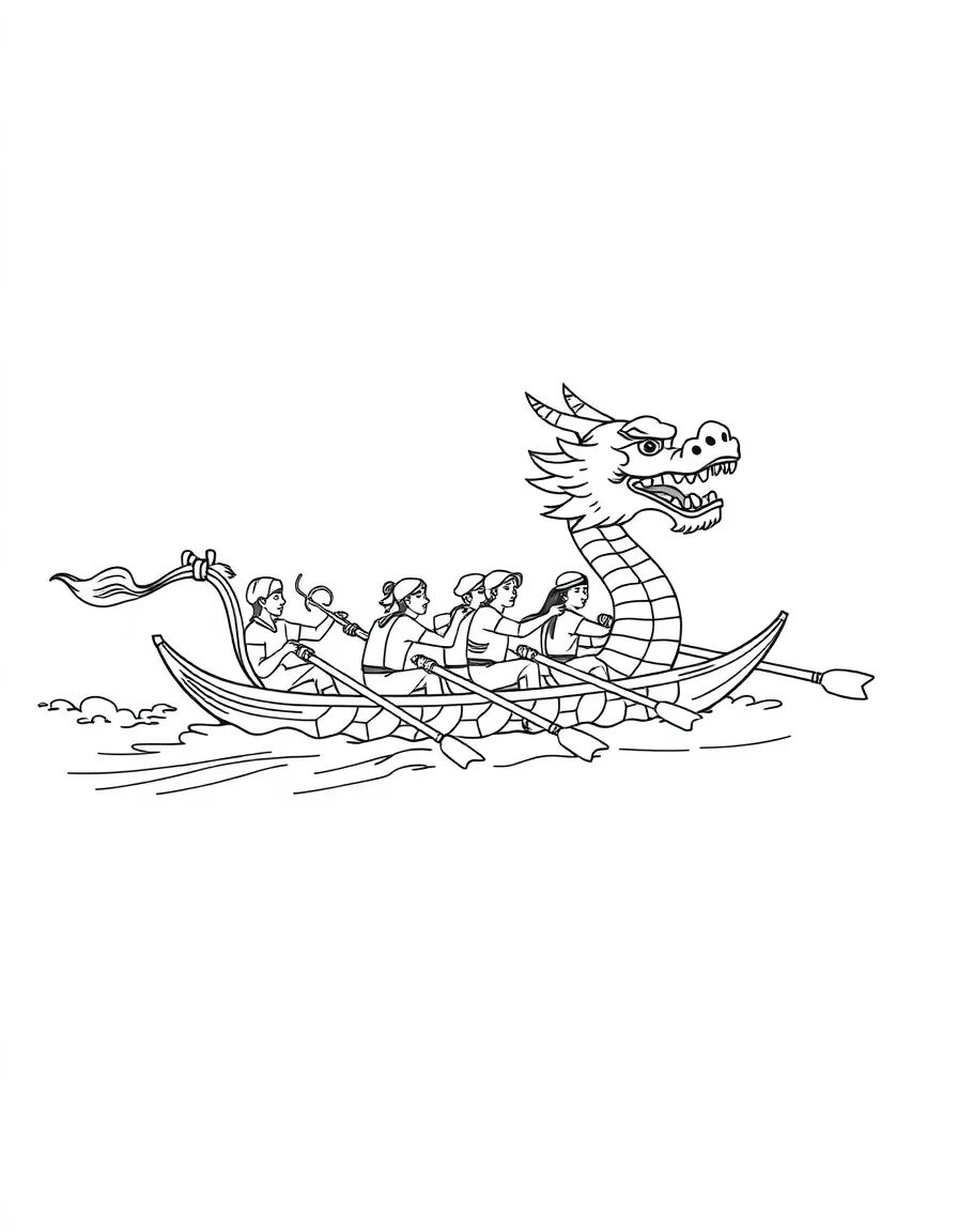 A dragon boat with team of synchronized paddlers