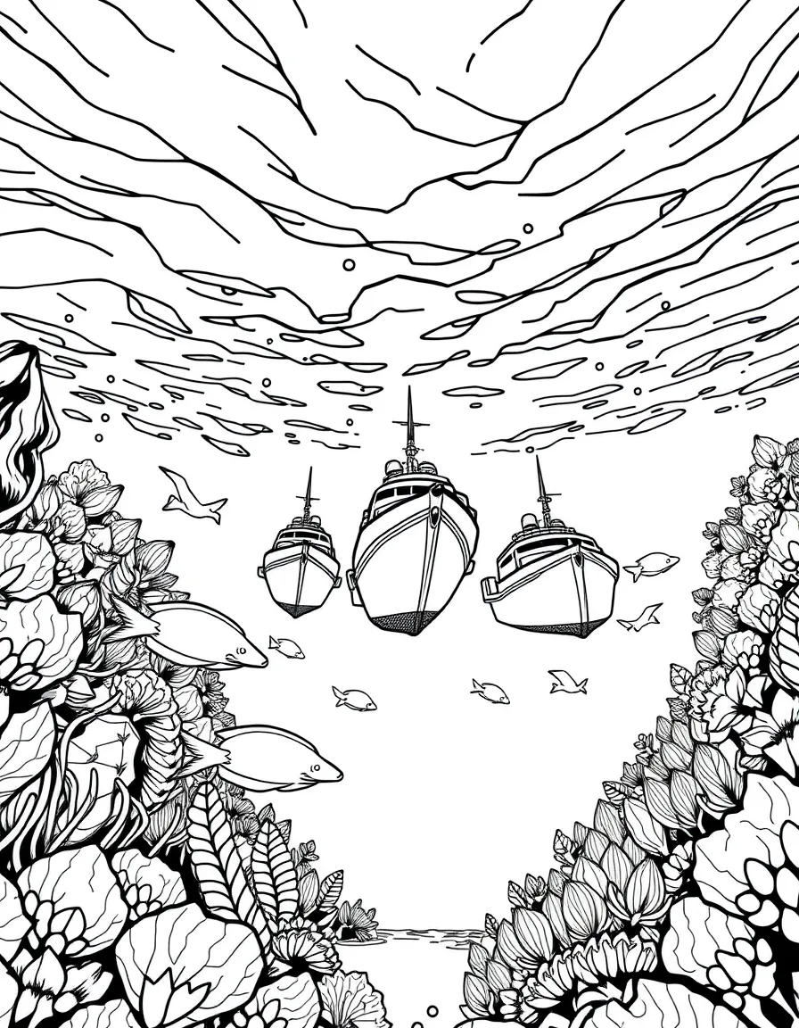 Underwater view of boats from perspective of fish