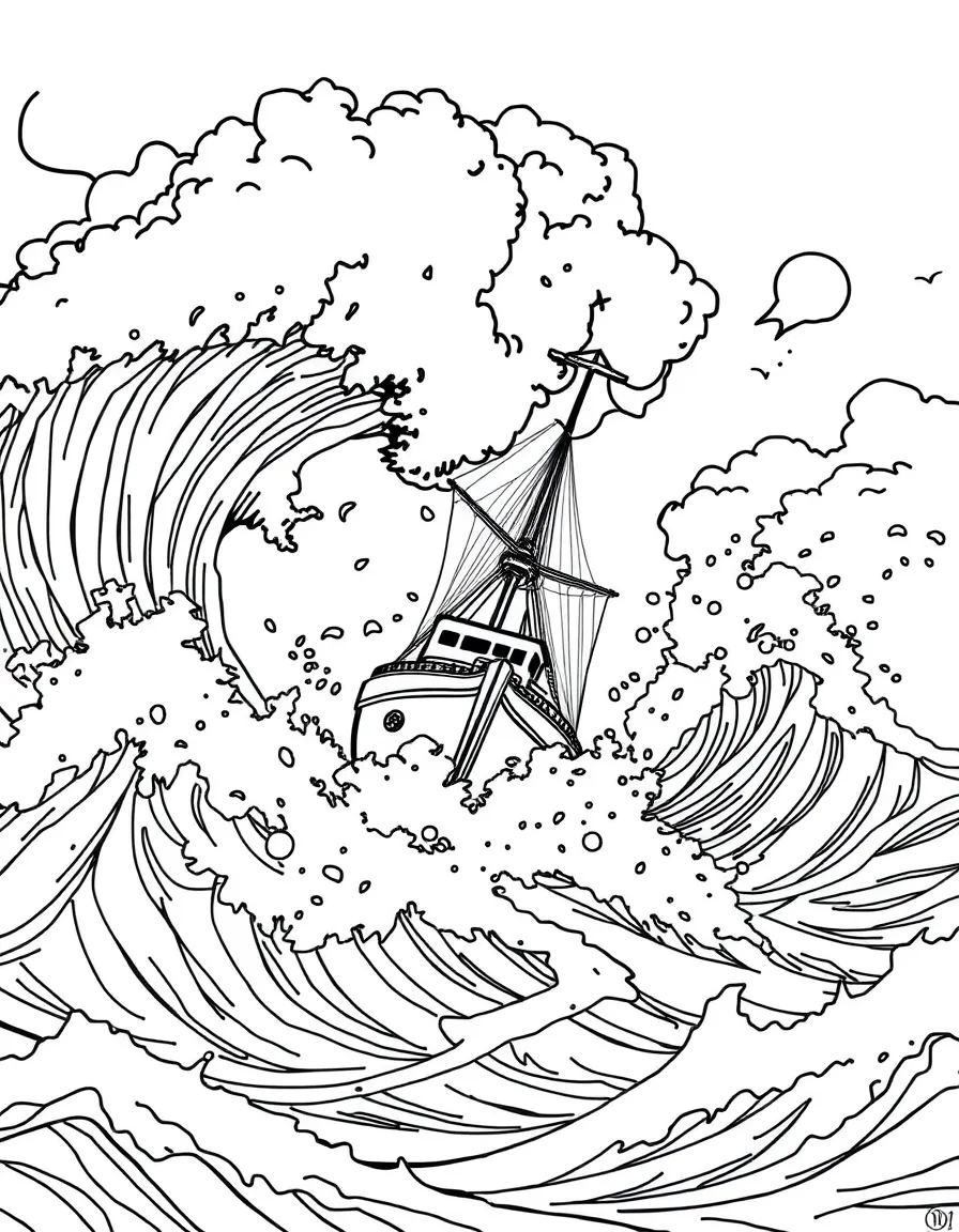 Ships weathering a powerful storm with giant waves