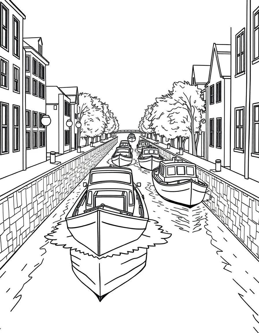 Boats navigating through a narrow canal lock system