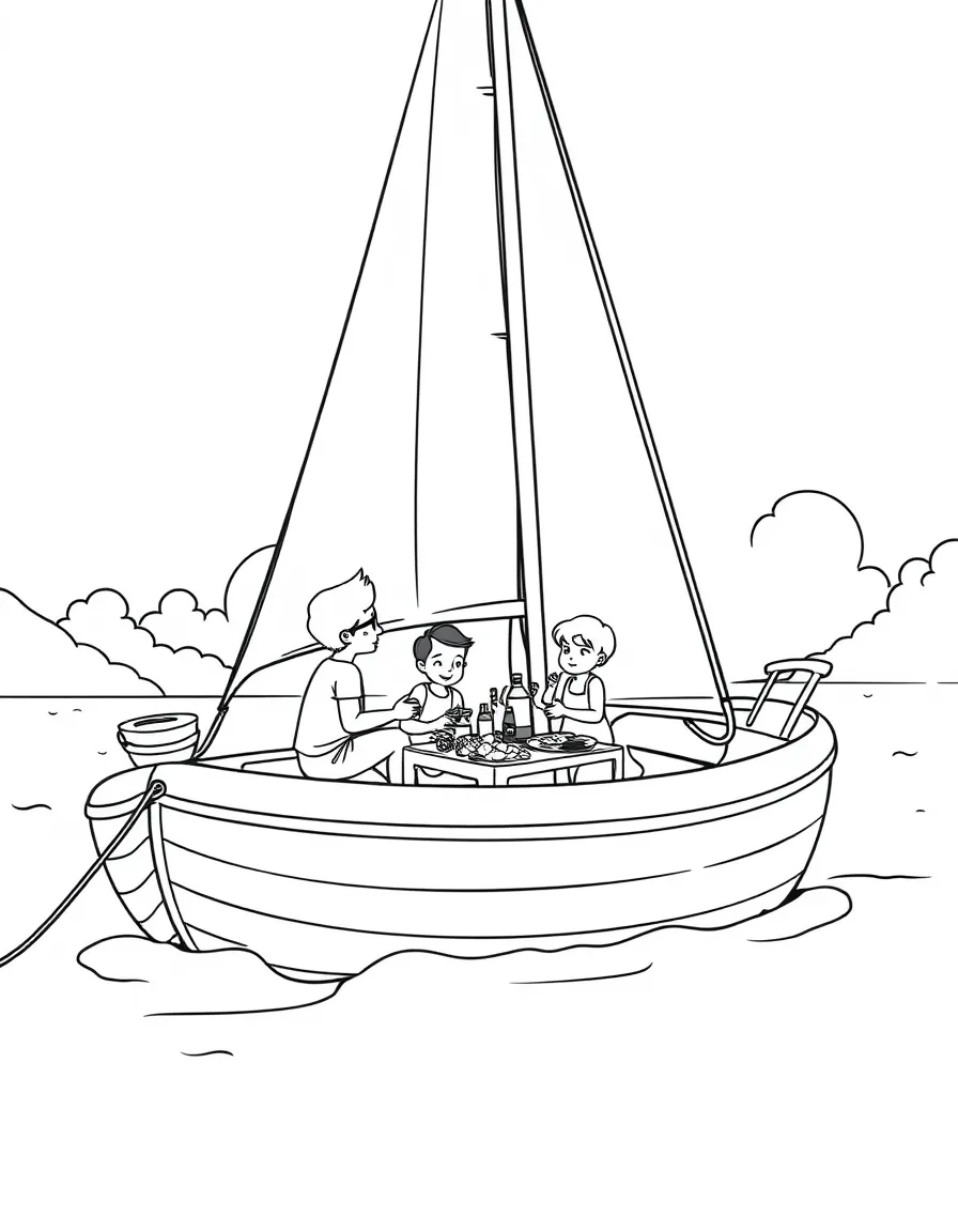 Family enjoying day on sailboat with picnic lunch