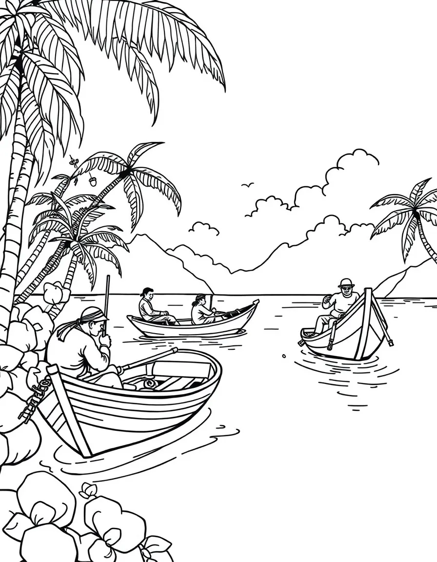 Traditional pearl divers with boats in tropical setting