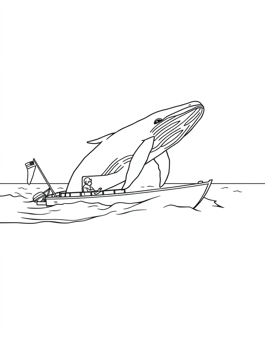 Whale watching boat with breaching humpback nearby