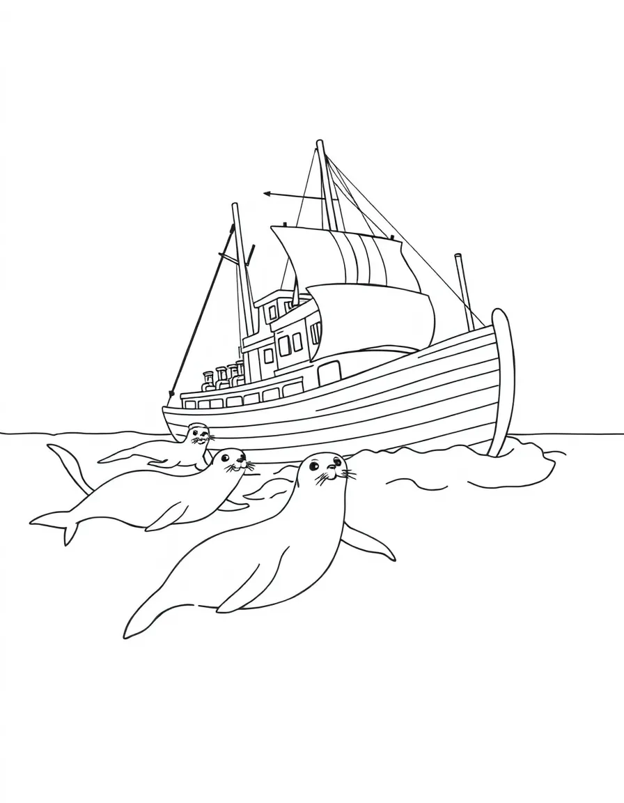 Ship with curious seals swimming alongside