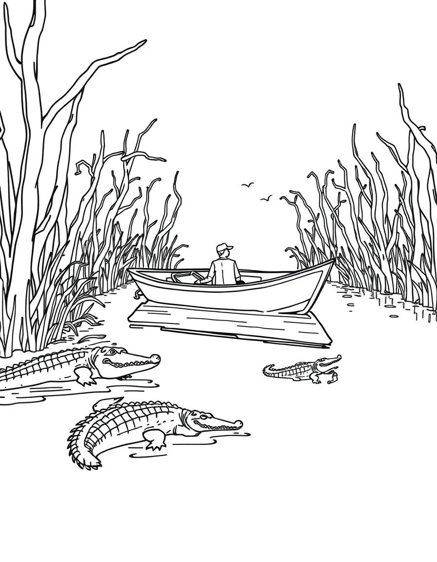 Boat in Louisiana bayou with alligators nearby
