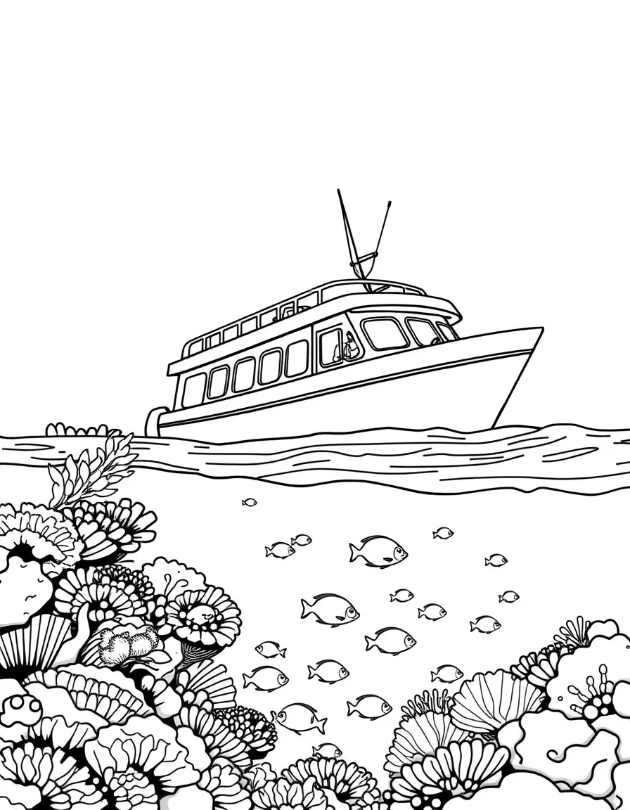 Coral reef tour boat with colorful fish visible below