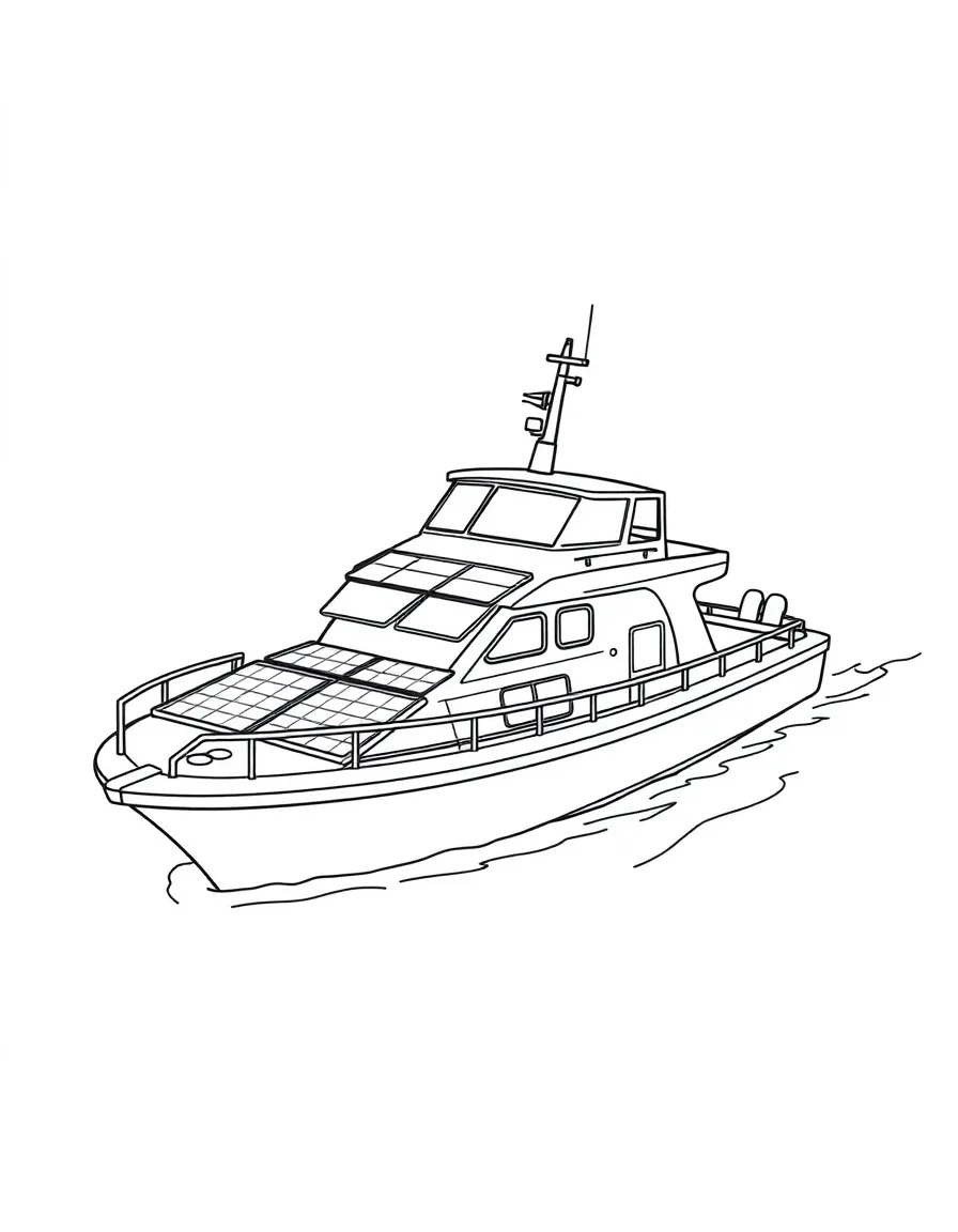 A solar-powered boat with panels covering the deck