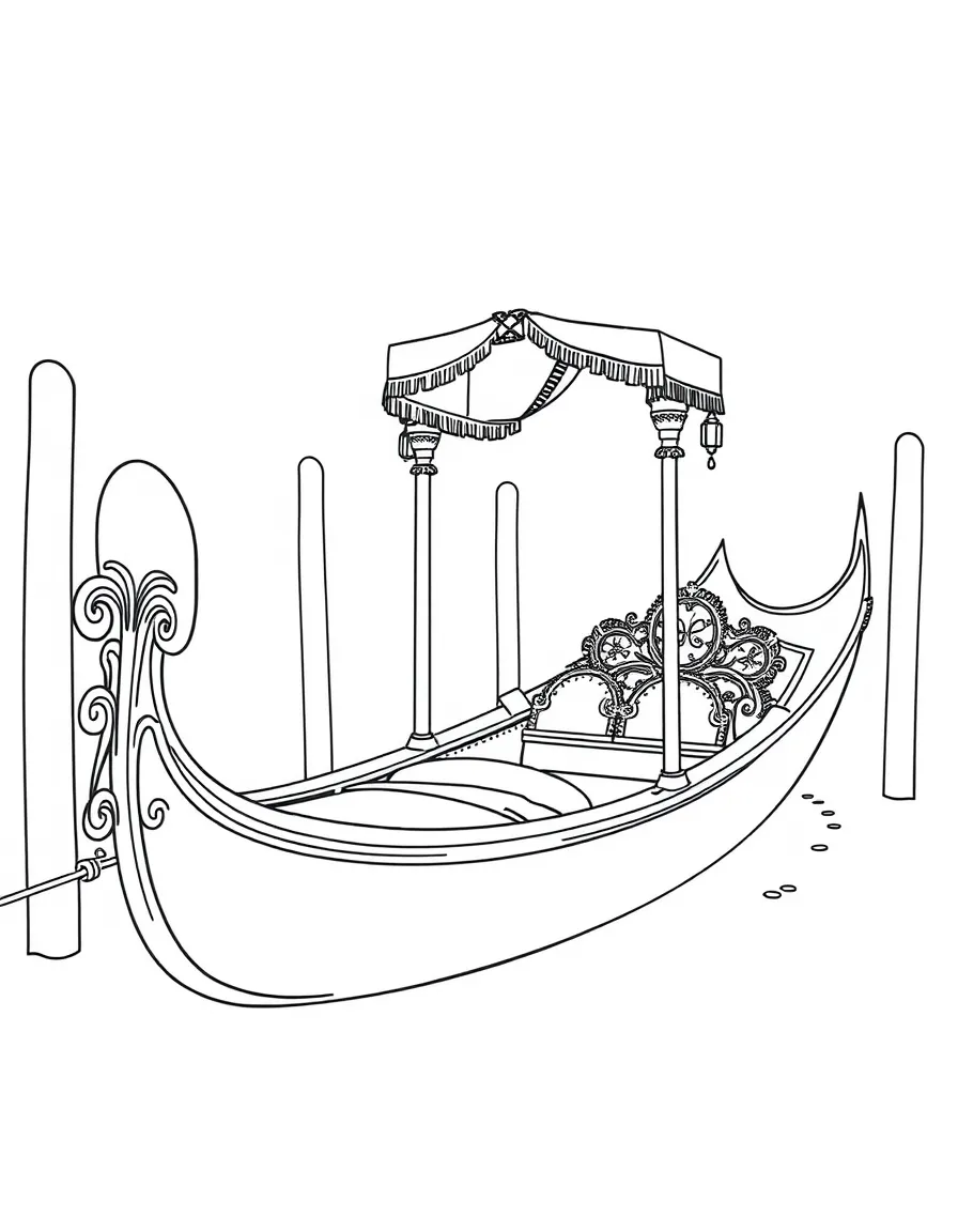 A Venetian gondola with ornate decorations and canopy