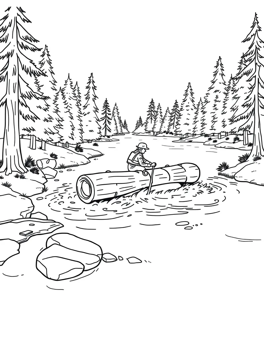A log raft being navigated down a river
