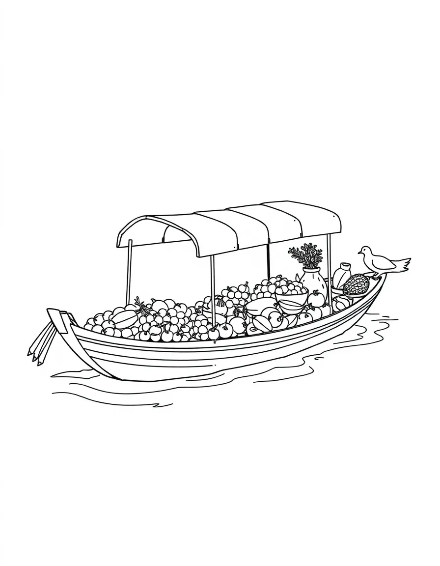 A floating market boat laden with fruits and vegetables