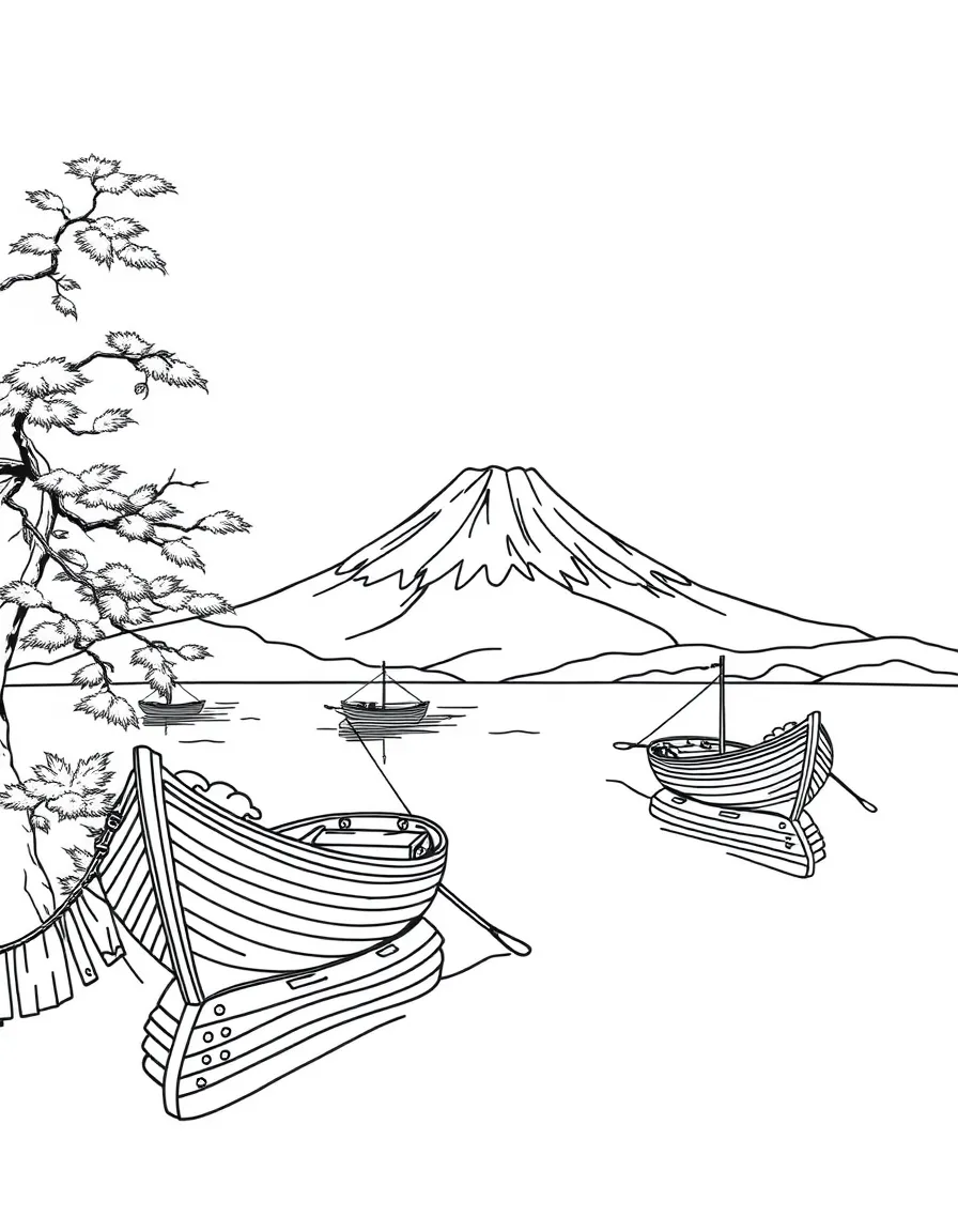 Japanese woodblock print style boats with Mt. Fuji backdrop