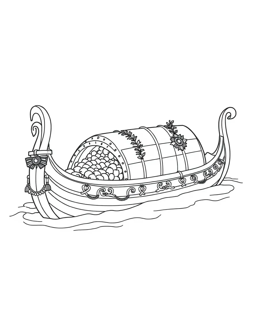 Viking funeral boat with ceremonial decorations