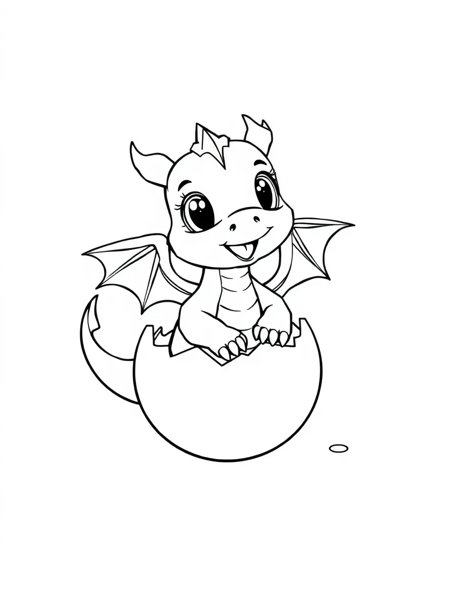 Adorable baby dragon hatching from a cracked egg, with tiny wings and a surprised expression