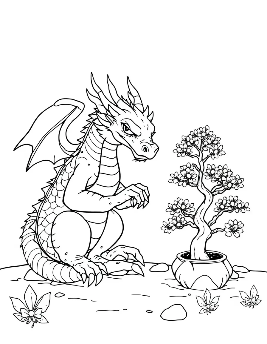 Dragon gardener tending to miniature bonsai trees