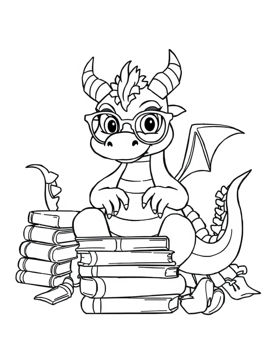 Bookworm dragon with glasses surrounded by a pile of storybooks