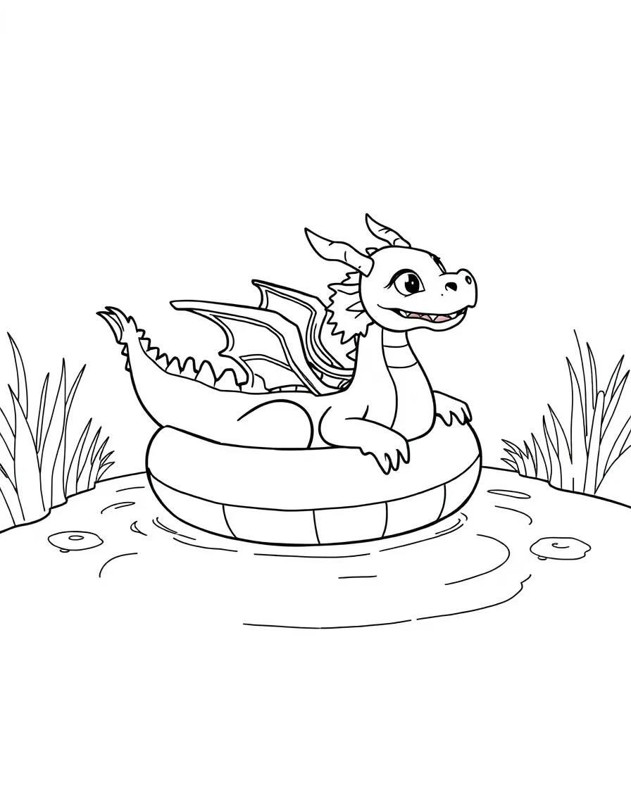 Dragon floating on an inner tube in a small pond