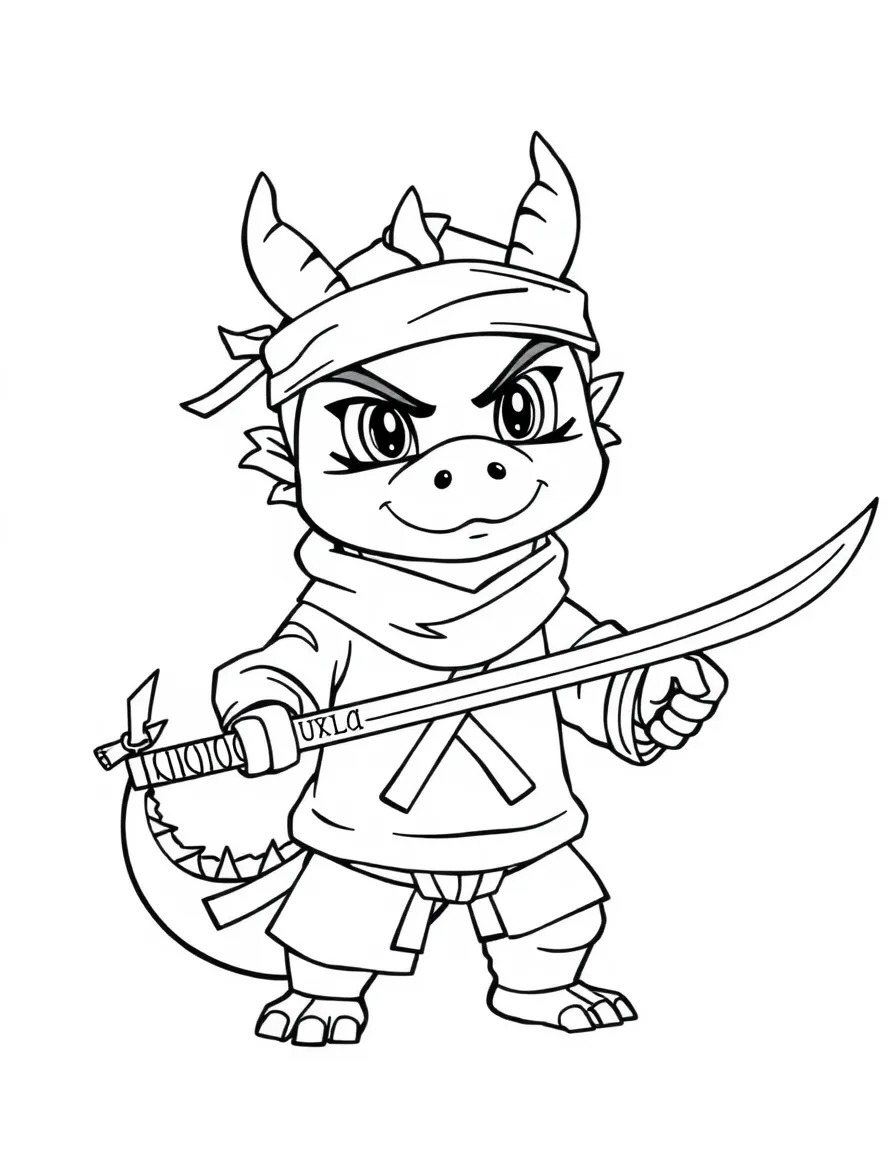 Ninja dragon in training with a tiny headband and practice sword