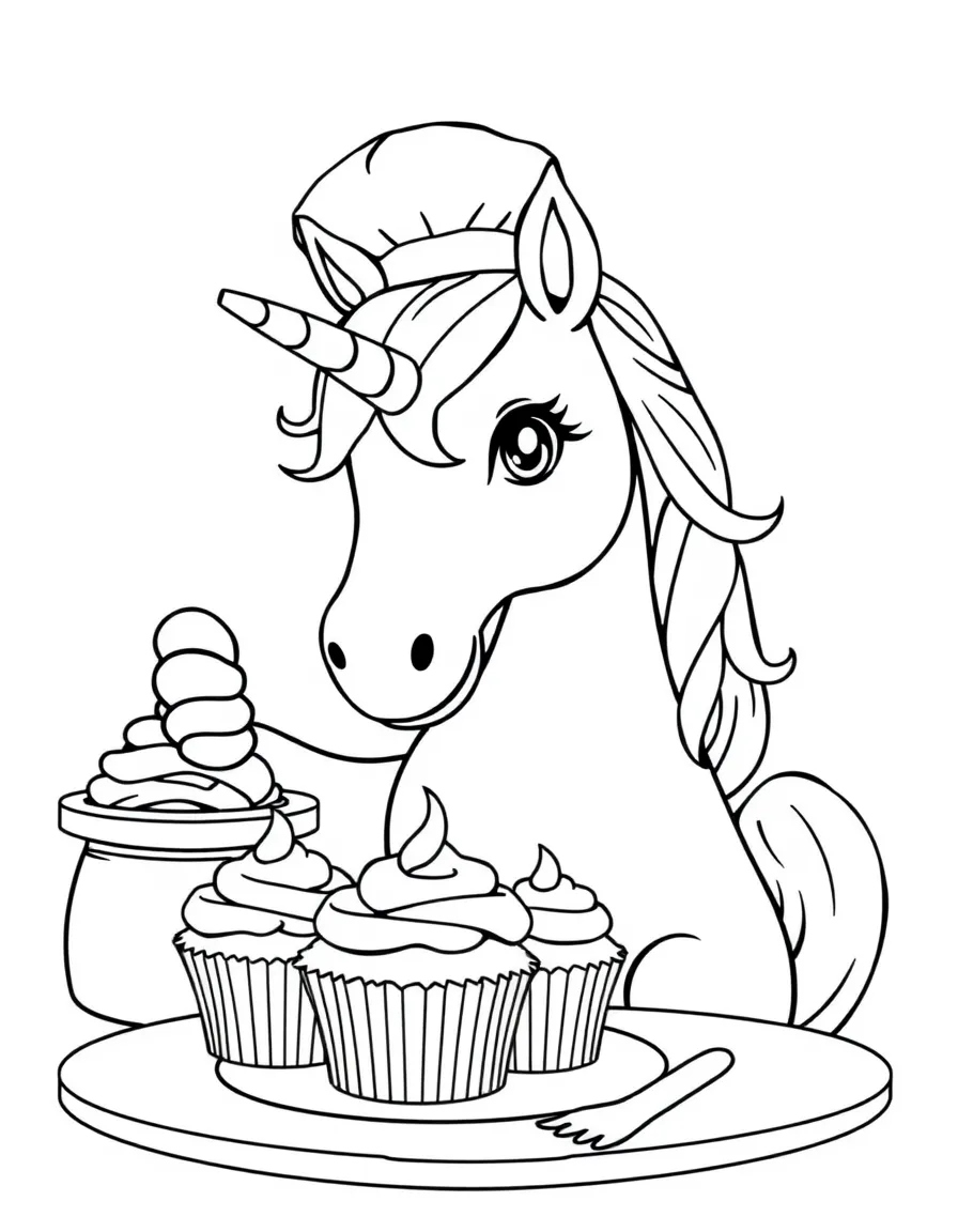 Baker unicorn decorating cupcakes with its horn