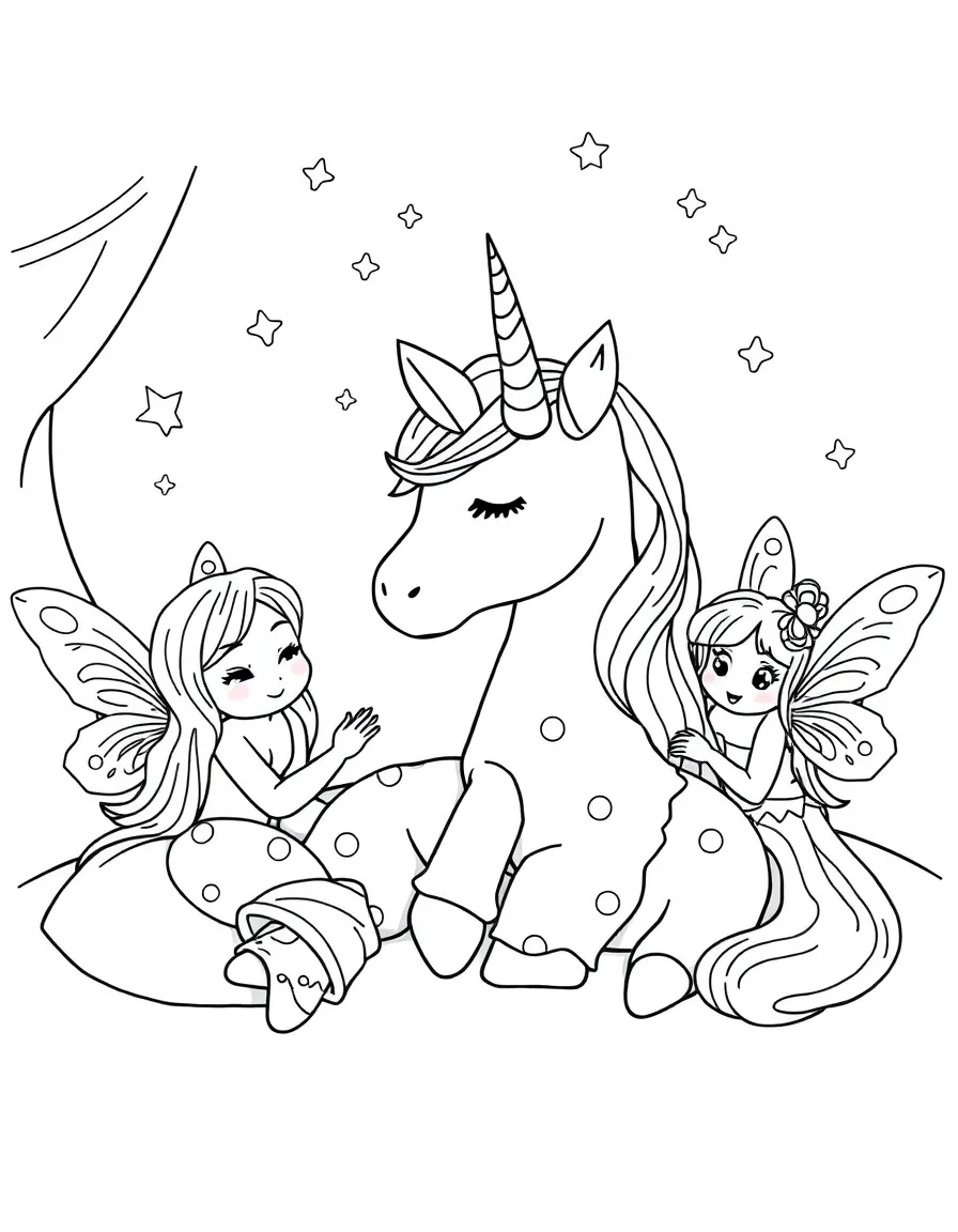 Pajama-clad unicorn having a slumber party with fairy friends