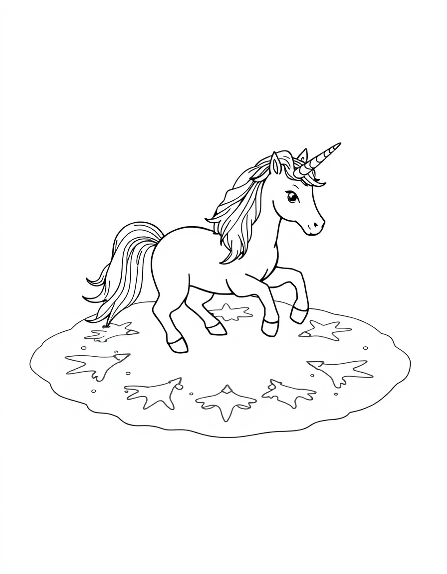 Winter unicorn making snow angels with its hooves and horn