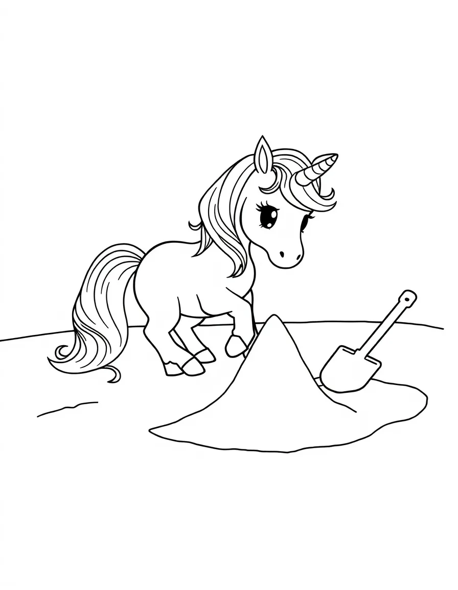 Beach unicorn building sandcastles with a tiny shovel