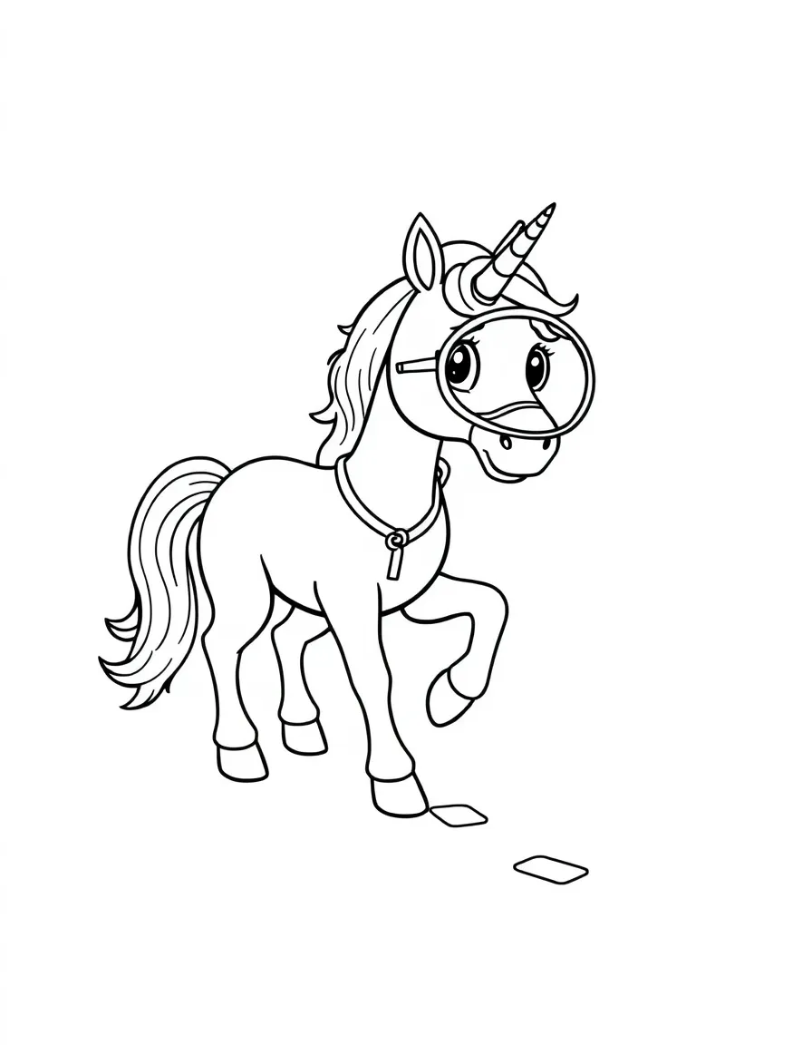 Detective unicorn with magnifying glass following footprints