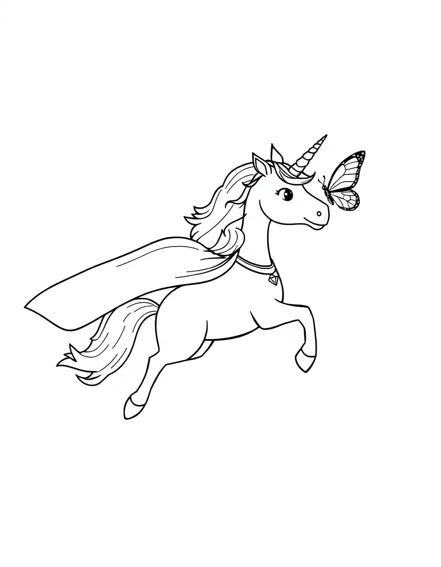 Superhero unicorn with a flowing cape saving a butterfly