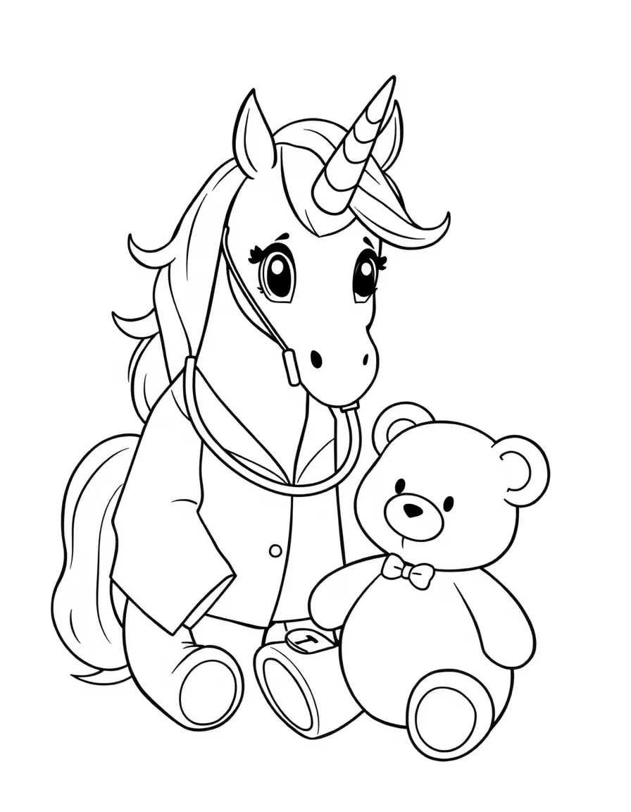Doctor unicorn with stethoscope checking on patient teddy bear