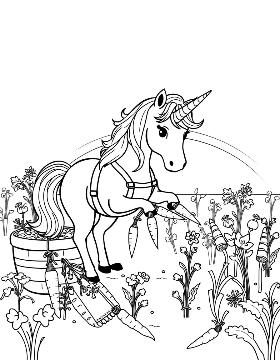 Farmer unicorn harvesting rainbow carrots