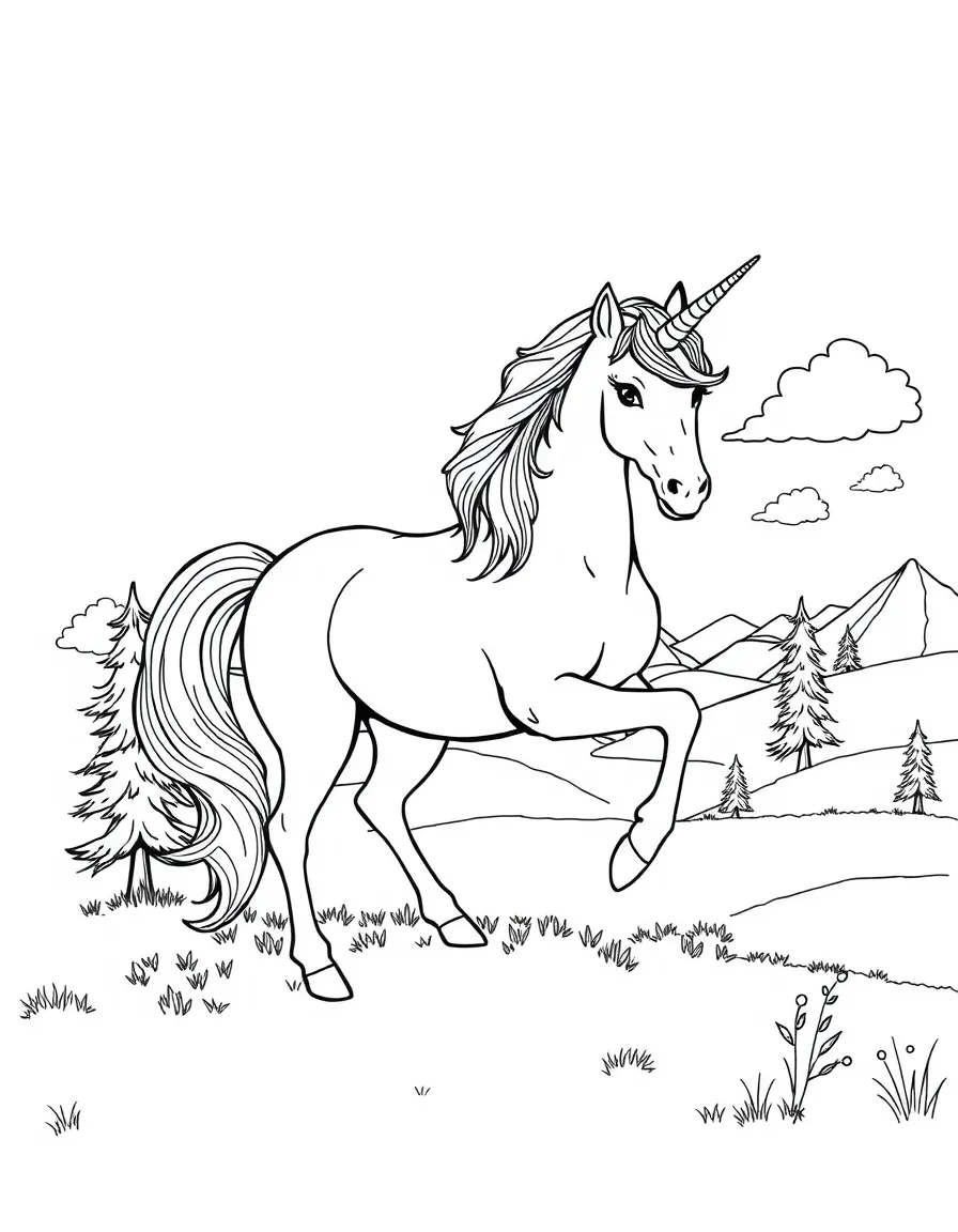 Artist unicorn painting a landscape with its tail