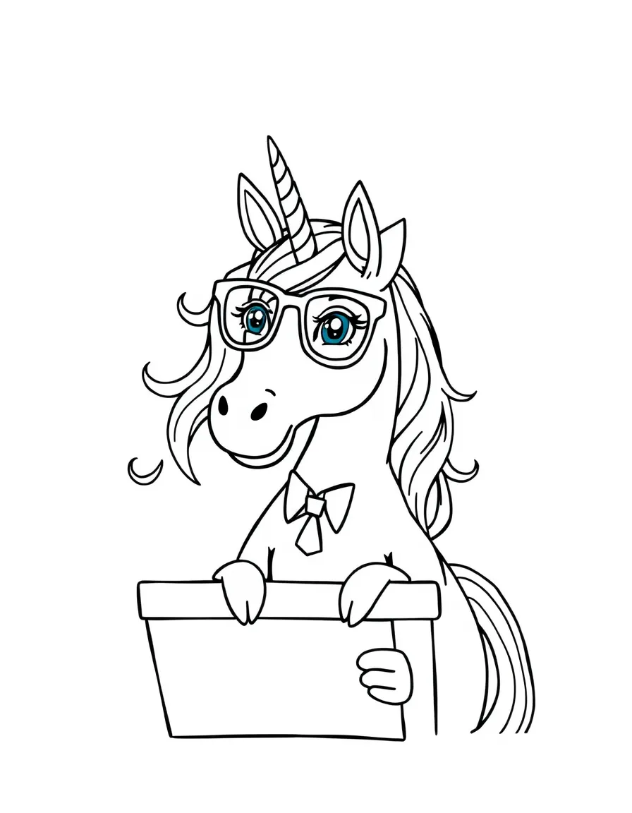 Teacher unicorn with glasses at a chalkboard