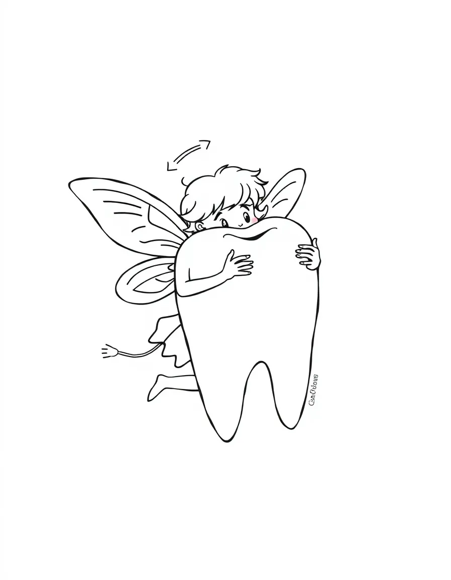 Tooth fairy struggling to carry an oversized tooth