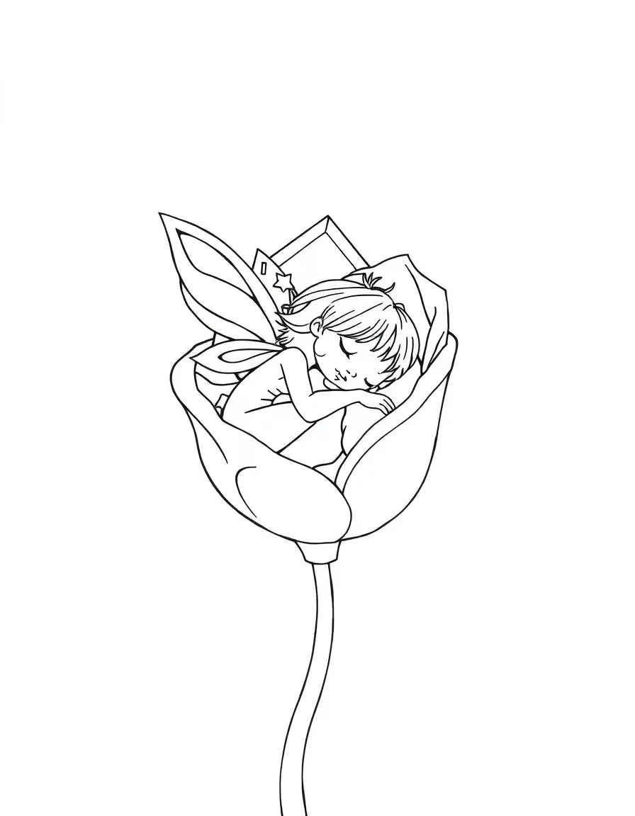 Sleepy fairy nestled in a flower bud as a bed