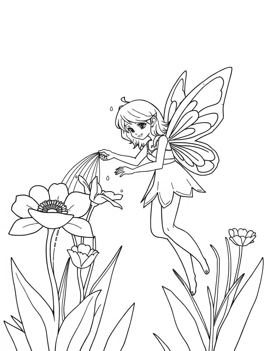 Garden fairy watering oversized flowers with a dewdrop