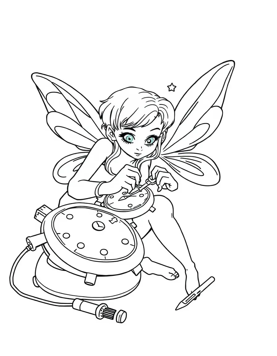 Mechanic fairy fixing a broken watch with tiny tools