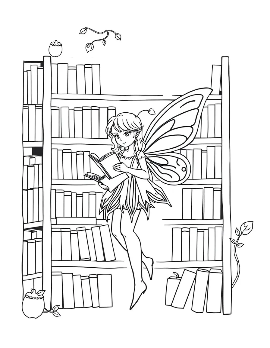 Librarian fairy organizing bookshelf made of acorn caps