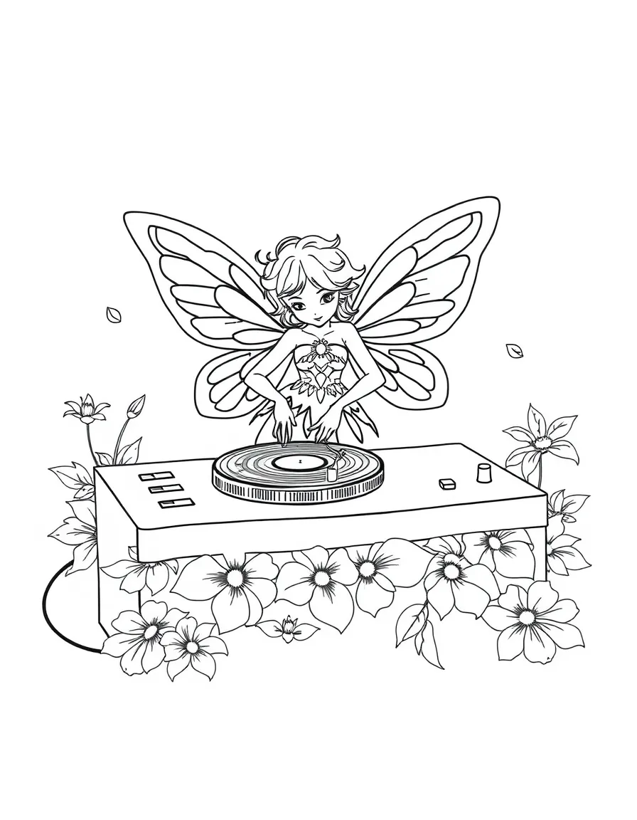 Fairy DJ spinning records made of flower petals