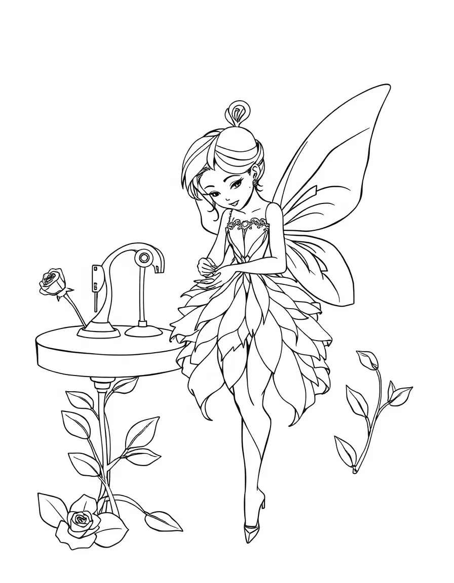 Fashion designer fairy sewing clothes from rose petals