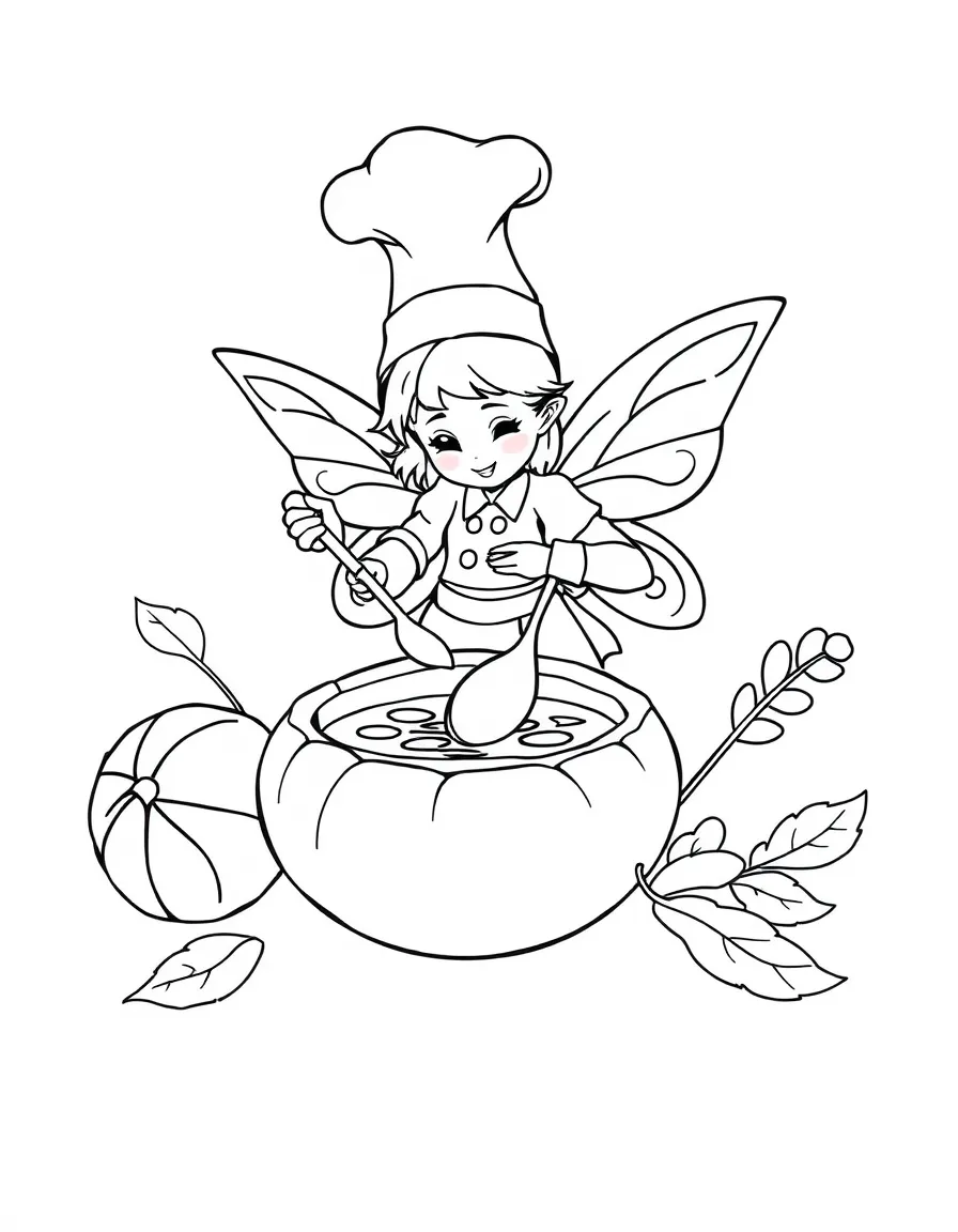Chef fairy cooking soup in a walnut shell