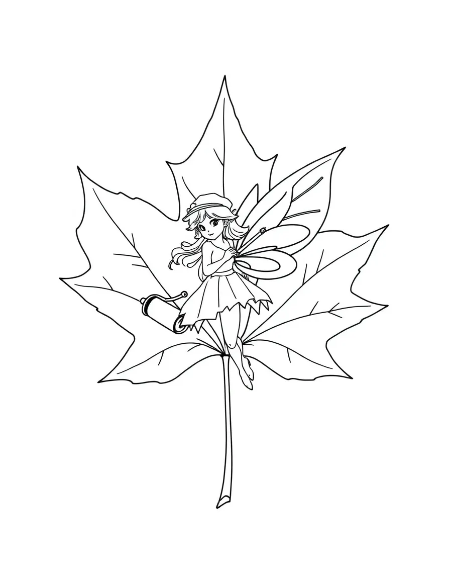 Architect fairy drawing blueprints on a maple leaf