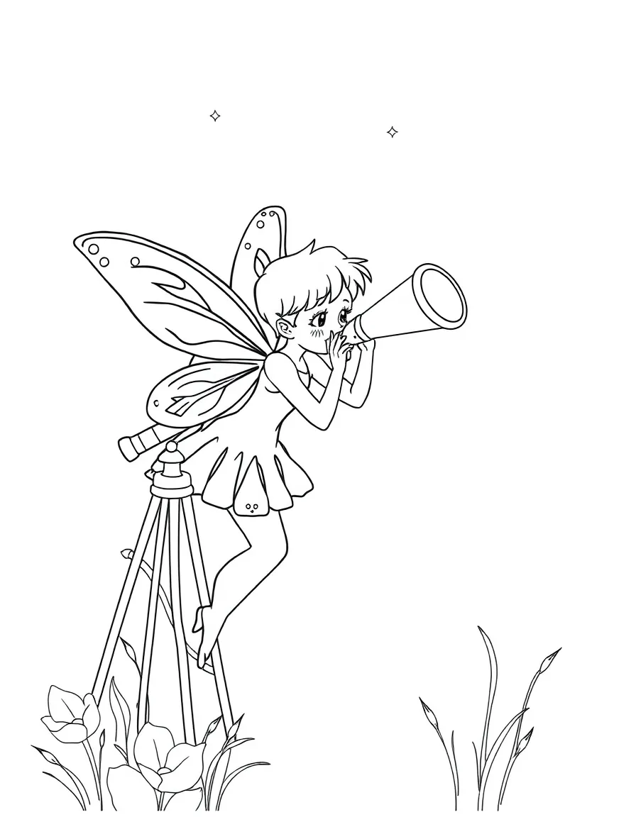 Astronomer fairy looking through a dewdrop telescope