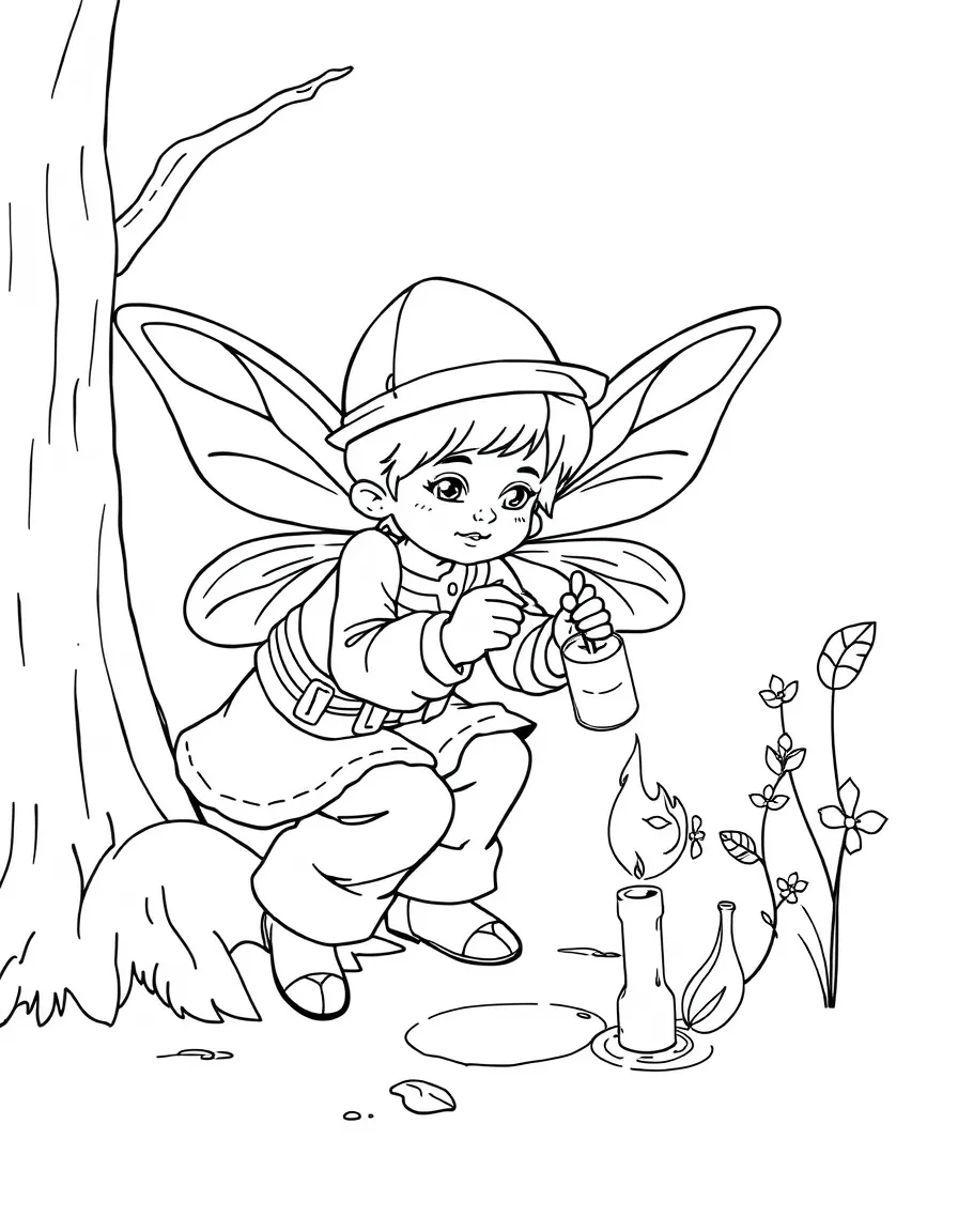 Firefighter fairy putting out match with thimble of water