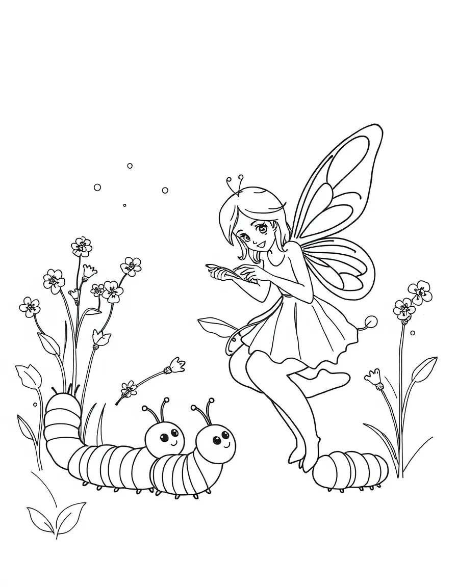Teacher fairy giving lessons to baby caterpillars