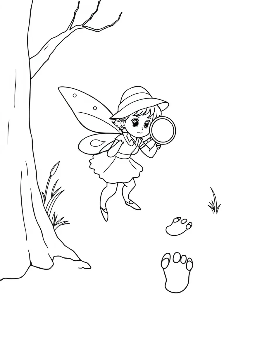 Detective fairy inspecting mysterious footprints with magnifying glass