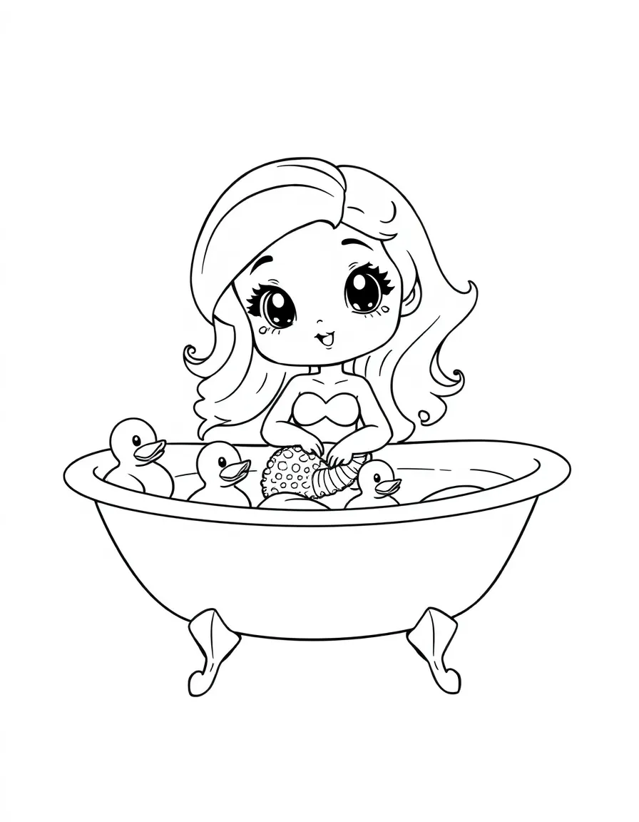 Chibi mermaid in a bathtub playing with rubber duckies