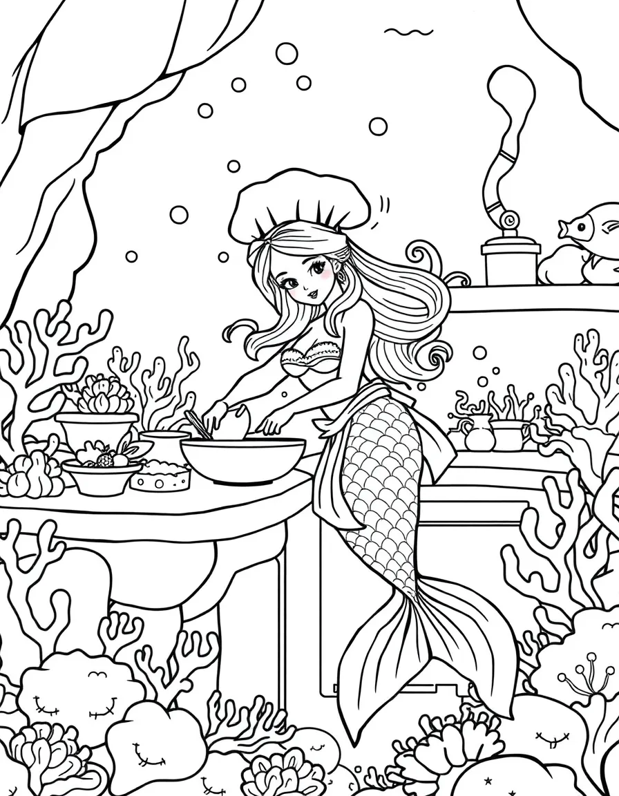 Mermaid chef cooking underwater in a coral kitchen