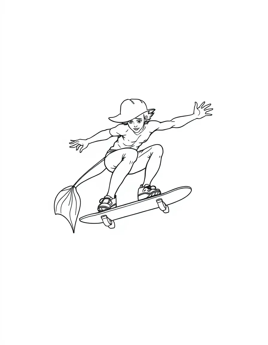 Merman skateboarder doing tricks on a shell-board