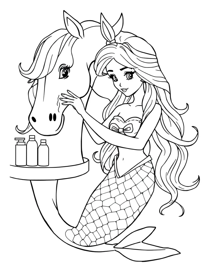 Mermaid hairdresser styling a sea horse's mane