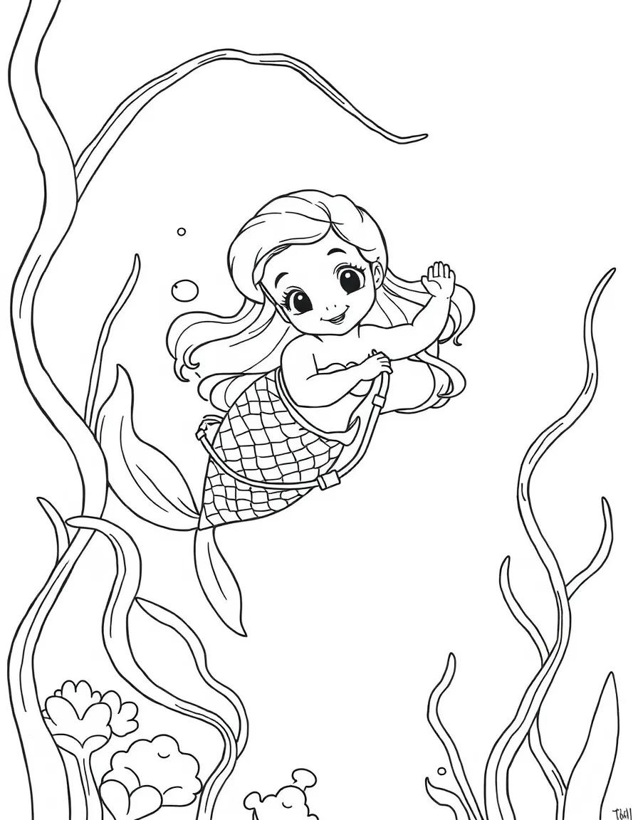Baby mermaid tangled in seaweed trying to swim