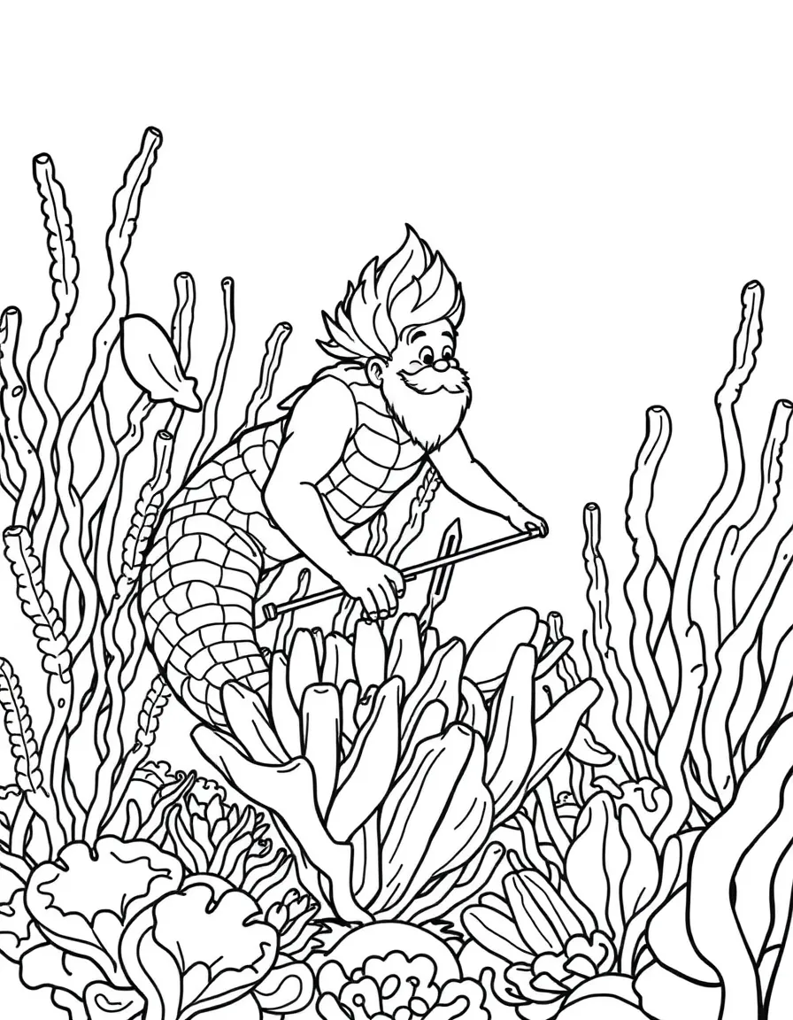 Merman gardener tending to sea anemone garden